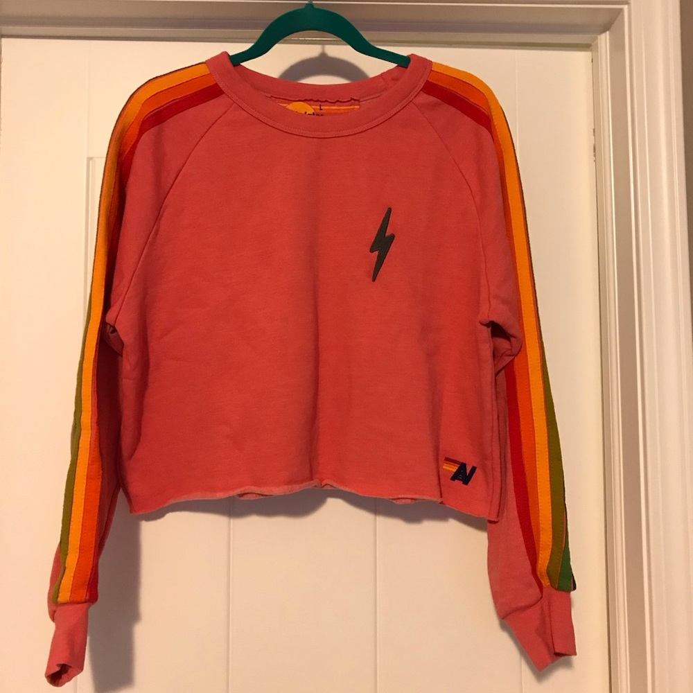Aviator Nation Bolt Cropped Striped Crew Sweatshirt